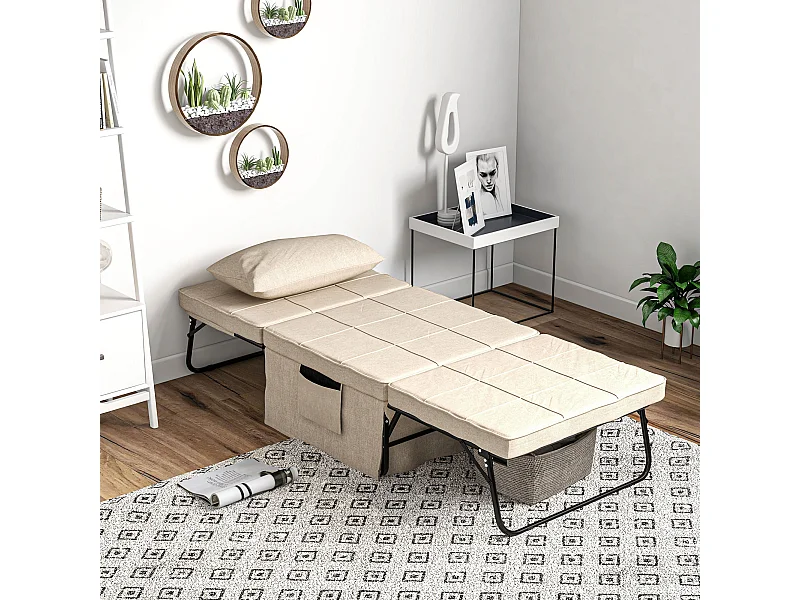 Fauteuil chauffeuse lit convertible chaise longue et pouf 4 en 1 avec dossier inclinable 5 positions 1 place - coussin et pochette rangement inclus - beige