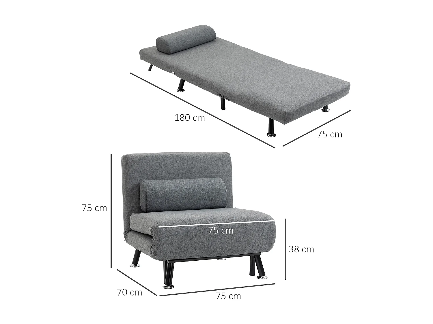 Fauteuil convertible 3 en 1 chauffeuse lit avec coussin gris