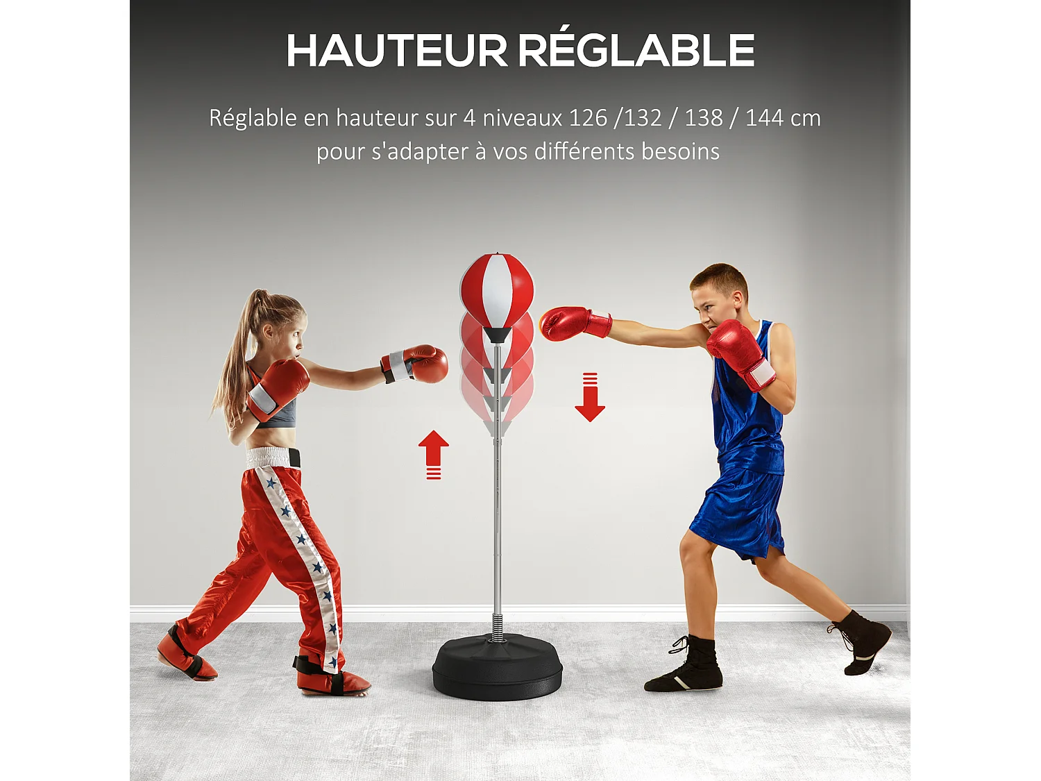 Punching ball sur pied réglable en hauteur 126-144 cm avec gants, pompe et base de lestage rouge blanc