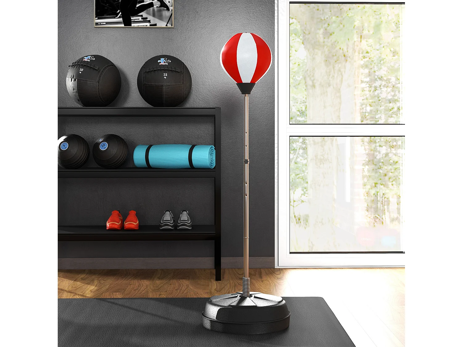 Punching ball sur pied réglable en hauteur 126-144 cm avec gants, pompe et base de lestage rouge blanc