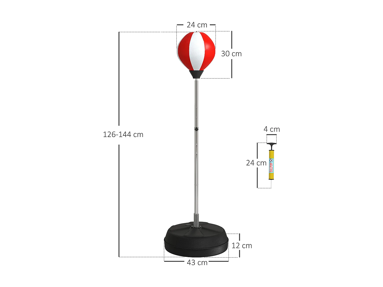 Punching ball sur pied réglable en hauteur 126-144 cm avec gants, pompe et base de lestage rouge blanc