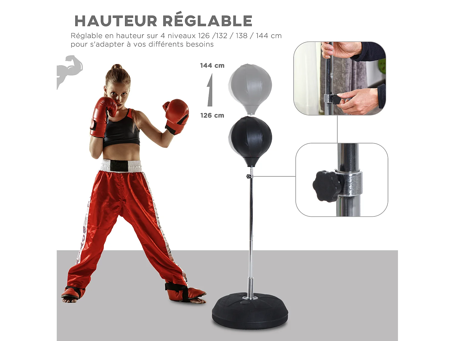 Punching ball sur pied réglable en hauteur 126-144 cm avec gants, pompe et base de lestage noir