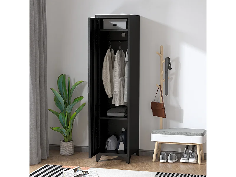 Armoire vestiaire métal design industriel - barre penderie, 3 étagères - dim. 43L x 50l x 180H cm - métal noir