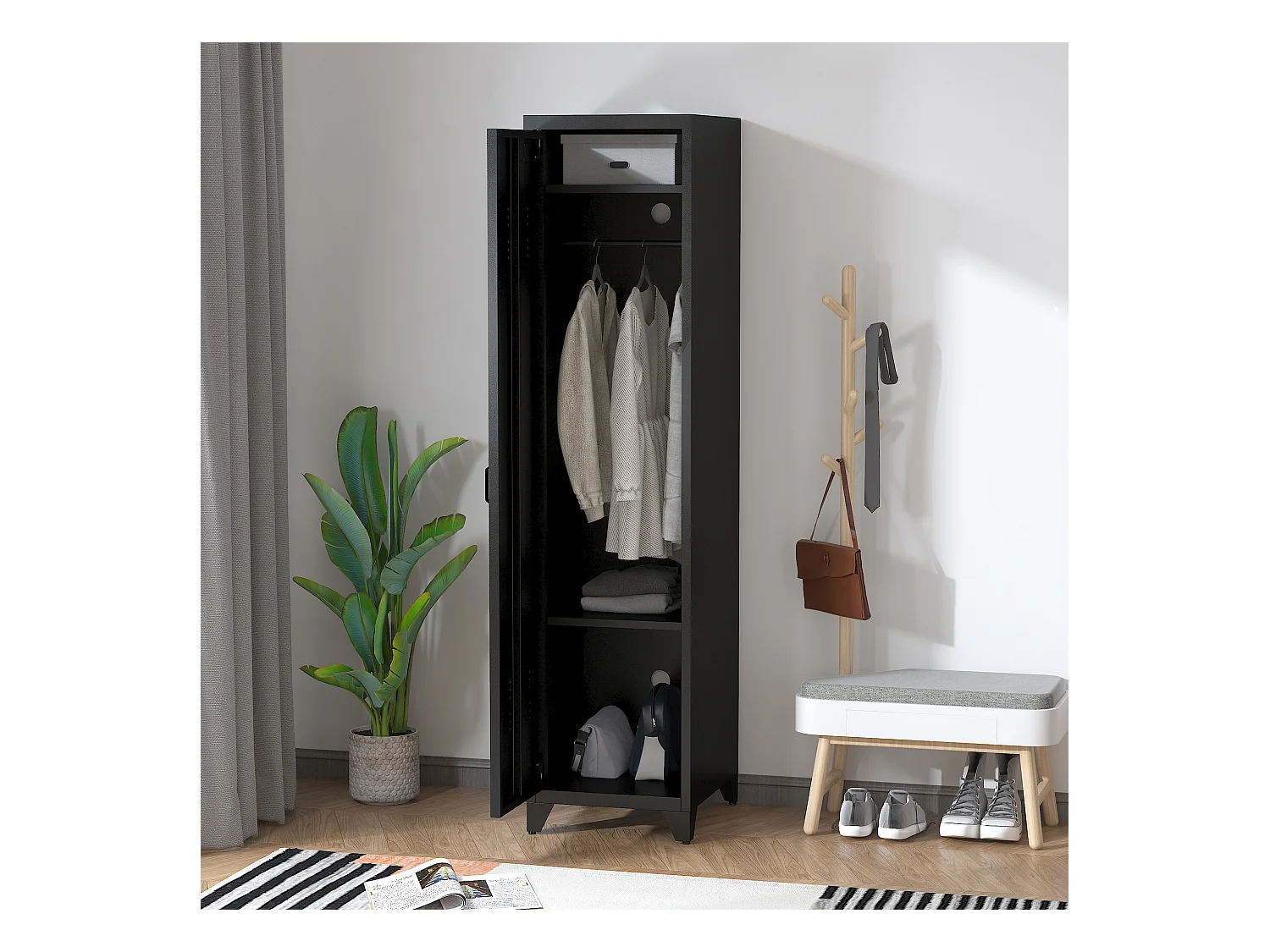 Armoire vestiaire métal design industriel - barre penderie, 3 étagères - dim. 43L x 50l x 180H cm - métal noir