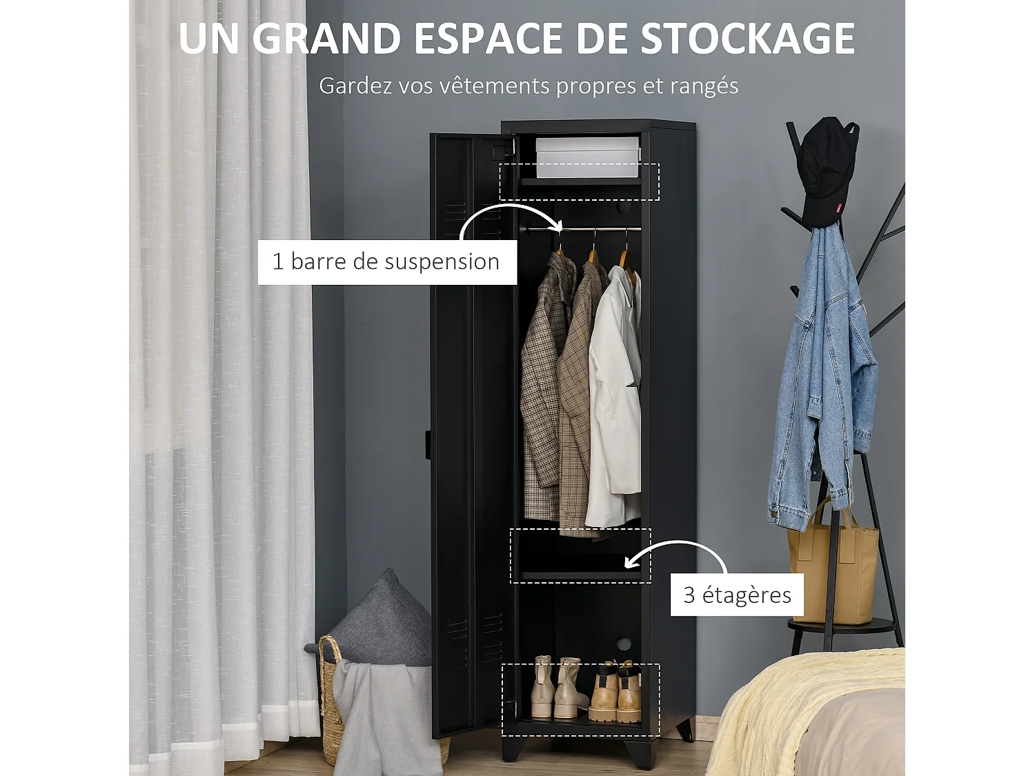 Armoire vestiaire métal design industriel - barre penderie, 3 étagères - dim. 43L x 50l x 180H cm - métal noir