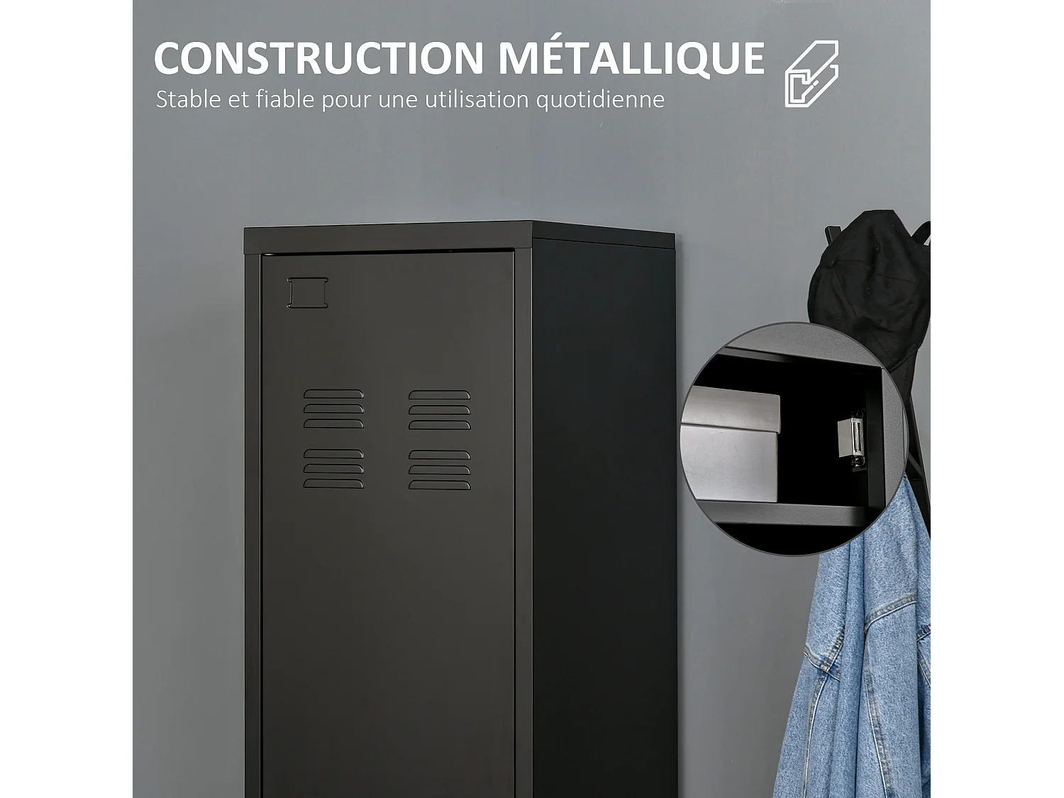 Armoire vestiaire métal design industriel - barre penderie, 3 étagères - dim. 43L x 50l x 180H cm - métal noir