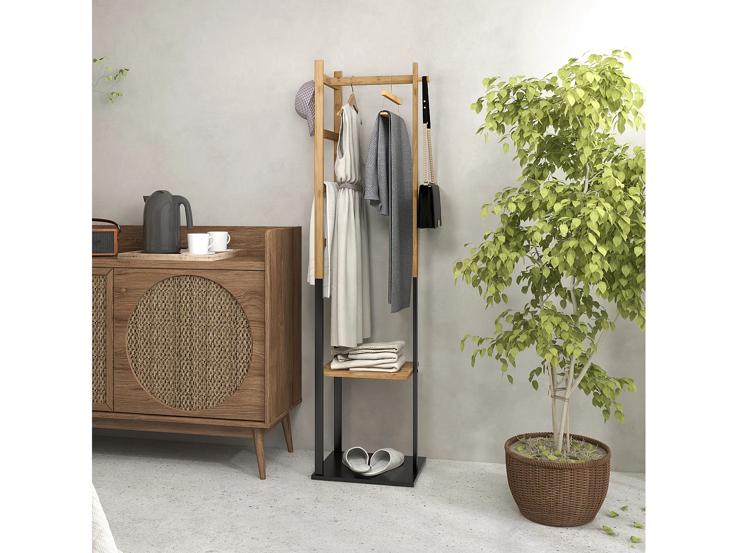 Portant pour vêtements en bambou, Porte-manteau en Bois avec tringle, étagères, patère, 4 barres latérales dim. 46L x 28,5l x 153,5H cm