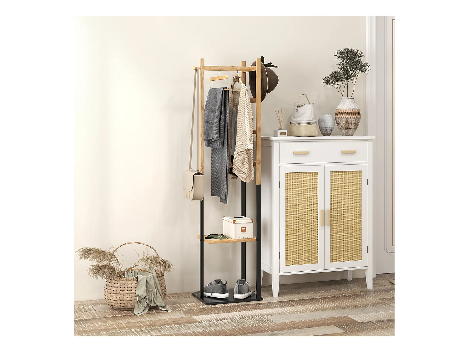 Portant pour vêtements en bambou, Porte-manteau en Bois avec tringle, étagères, patère, 4 barres latérales dim. 46L x 28,5l x 153,5H cm