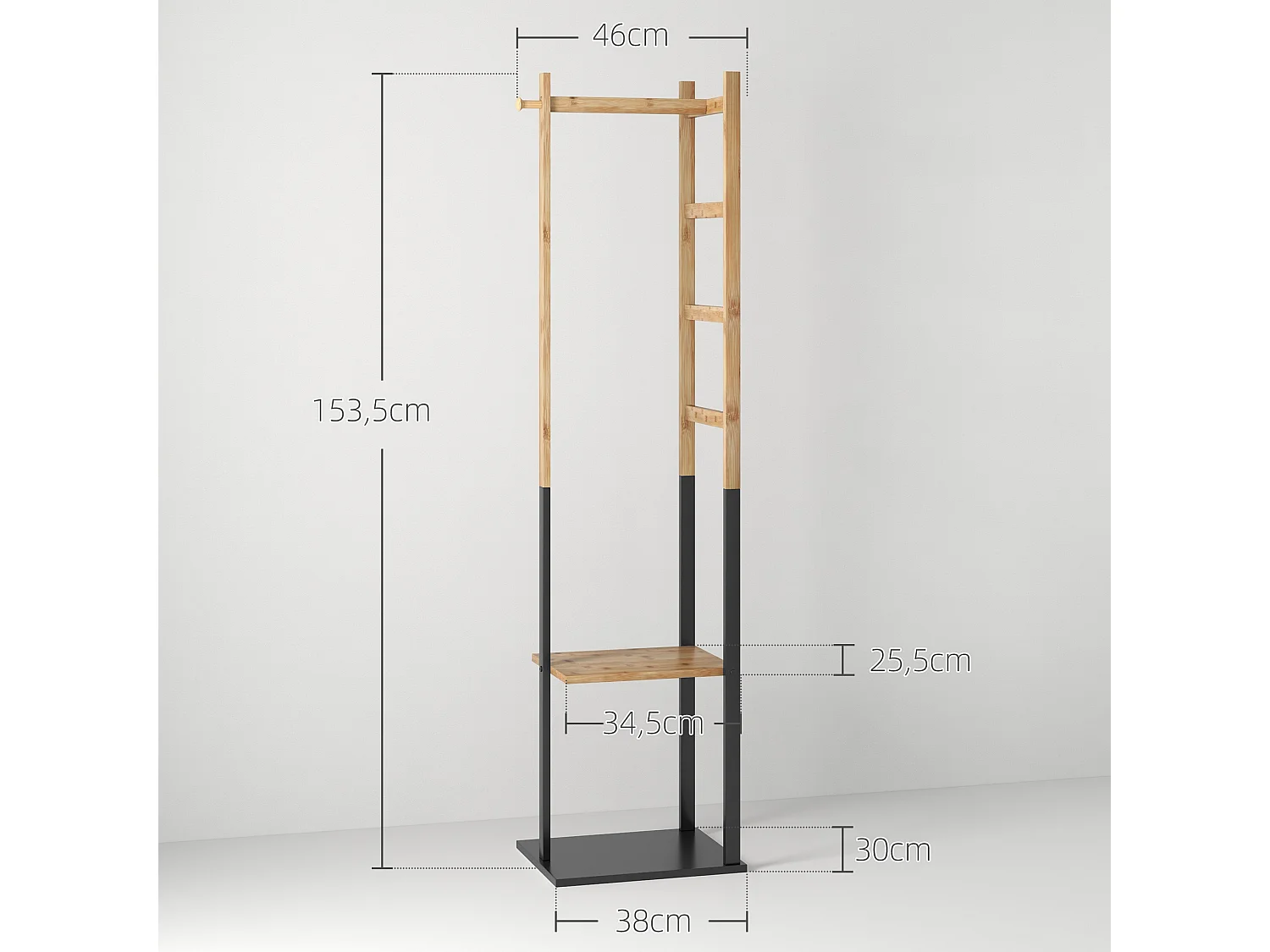 Portant pour vêtements en bambou, Porte-manteau en Bois avec tringle, étagères, patère, 4 barres latérales dim. 46L x 28,5l x 153,5H cm