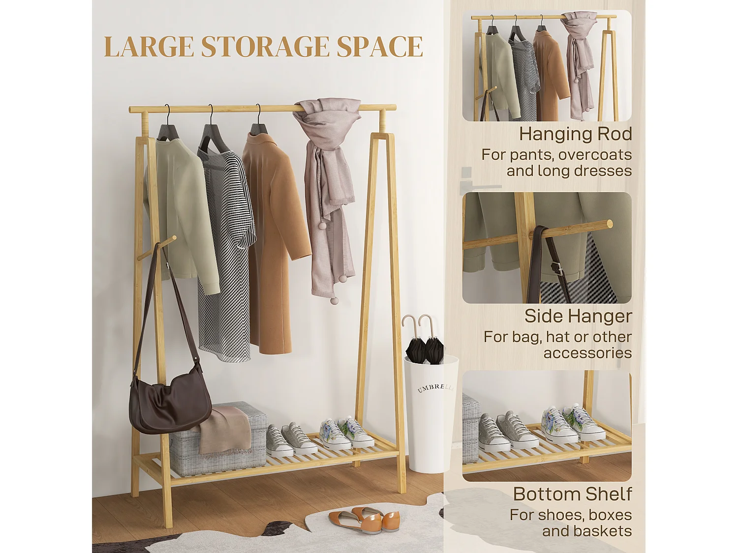 Portant pour vêtement en bambou - penderie avec étagère à chaussures