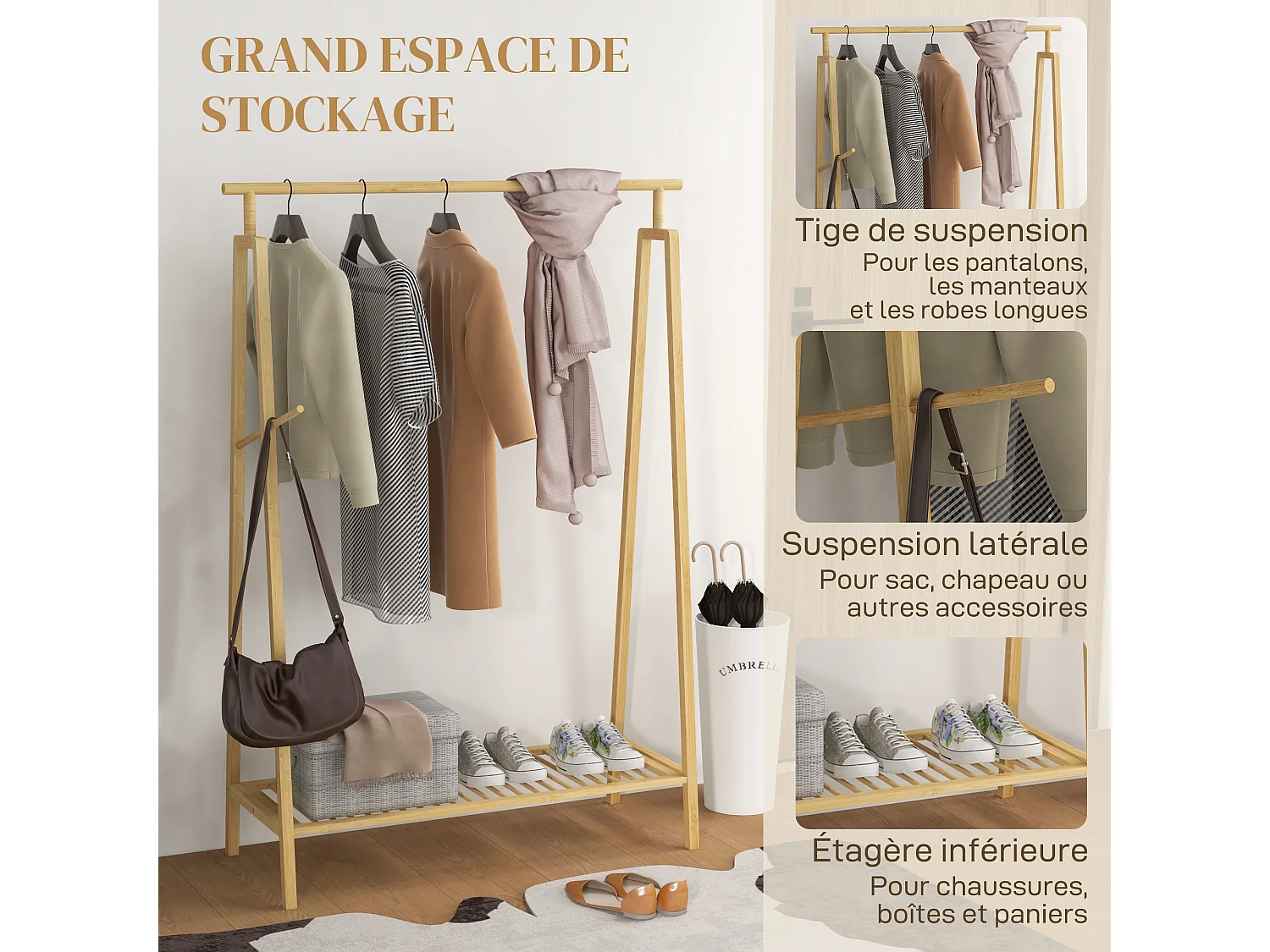 Portant pour vêtement en bambou - penderie avec étagère à chaussures