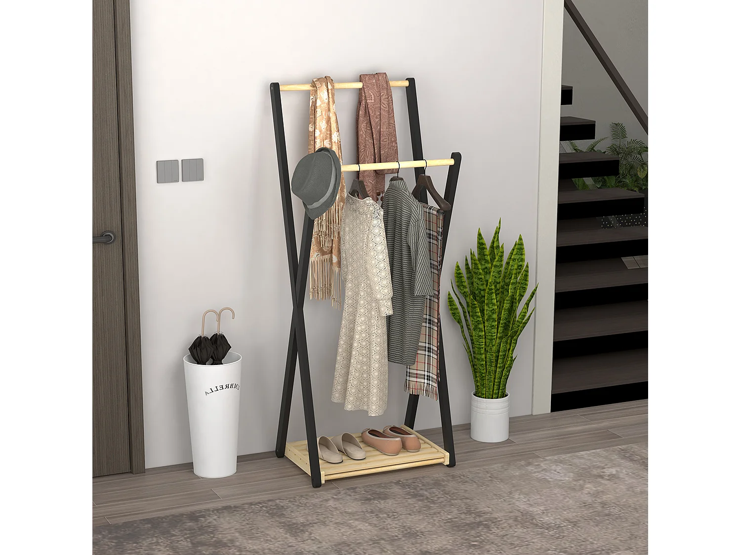 Portant à vêtements design contemporain - 2 barres, étagère - bois de pin naturel noir