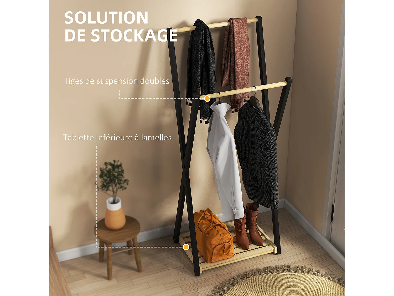 Portant à vêtements design contemporain - 2 barres, étagère - bois de pin naturel noir