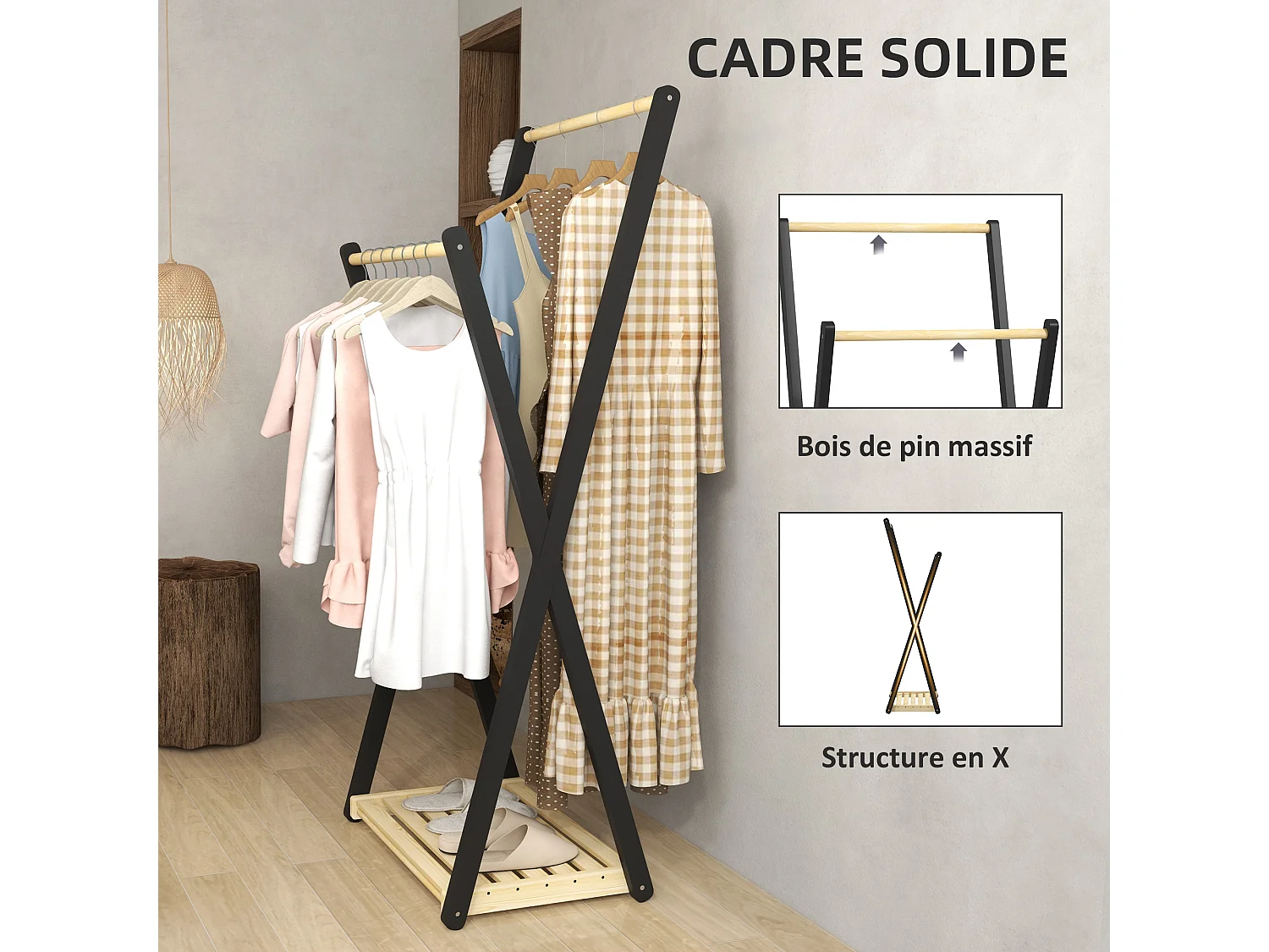 Portant à vêtements design contemporain - 2 barres, étagère - bois de pin naturel noir