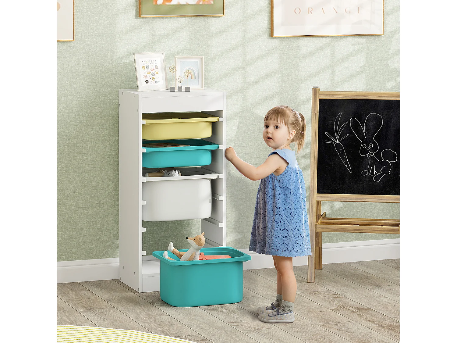 Rangement enfant - combinaison structure + bacs - coffre à jouet dim. 40L x 30l x 90H cm - blanc jaune bleu