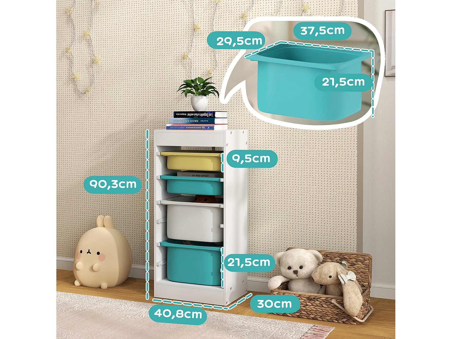 Rangement enfant - combinaison structure + bacs - coffre à jouet dim. 40L x 30l x 90H cm - blanc jaune bleu
