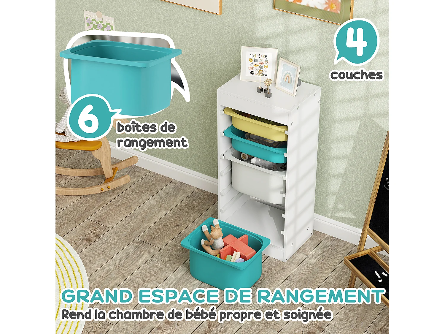Rangement enfant - combinaison structure + bacs - coffre à jouet dim. 40L x 30l x 90H cm - blanc jaune bleu
