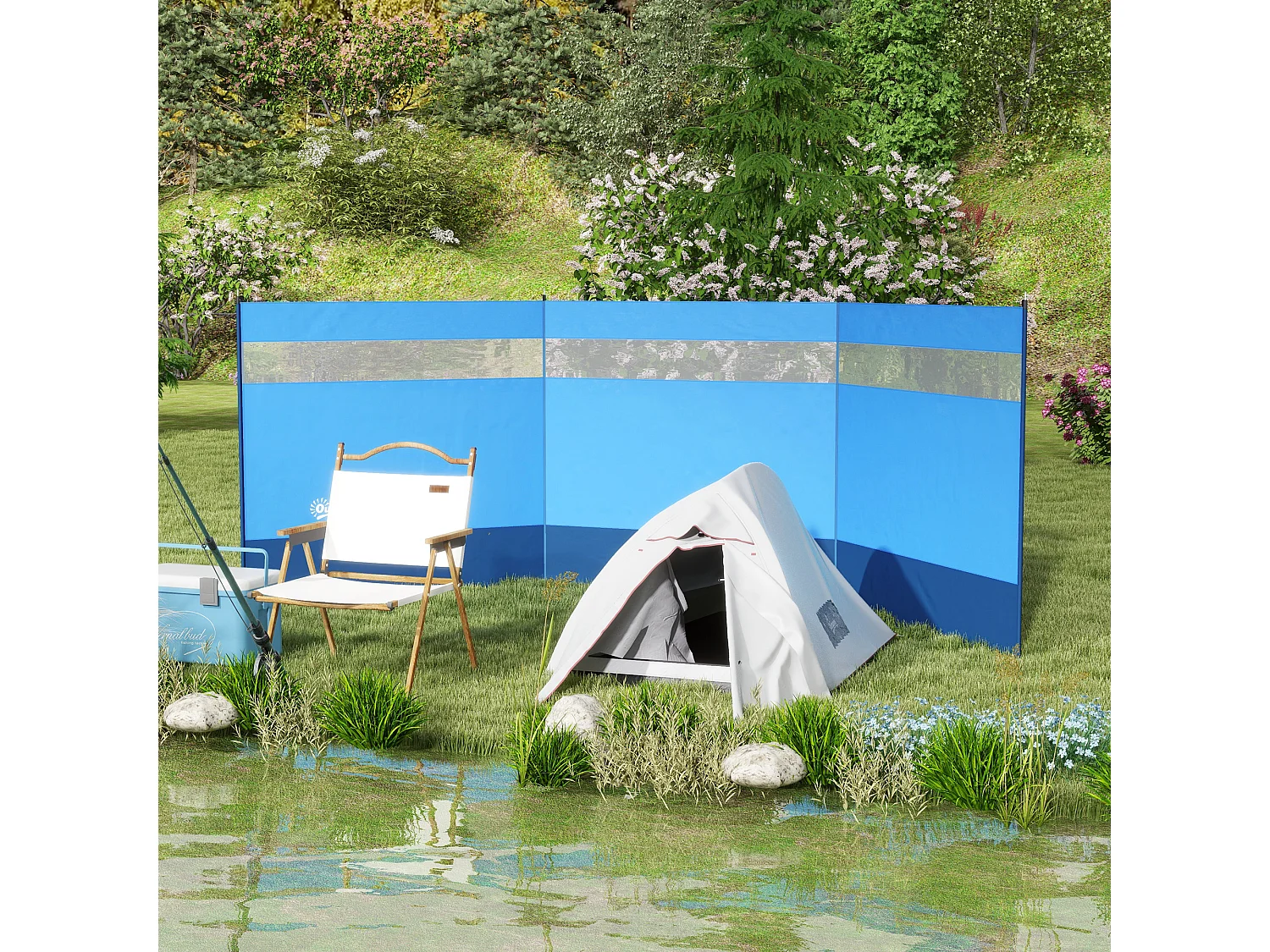 Paravent brise-vue camping plage portable pliable avec sac de transport et poteaux acier dim. 440L x 140H cm bleu