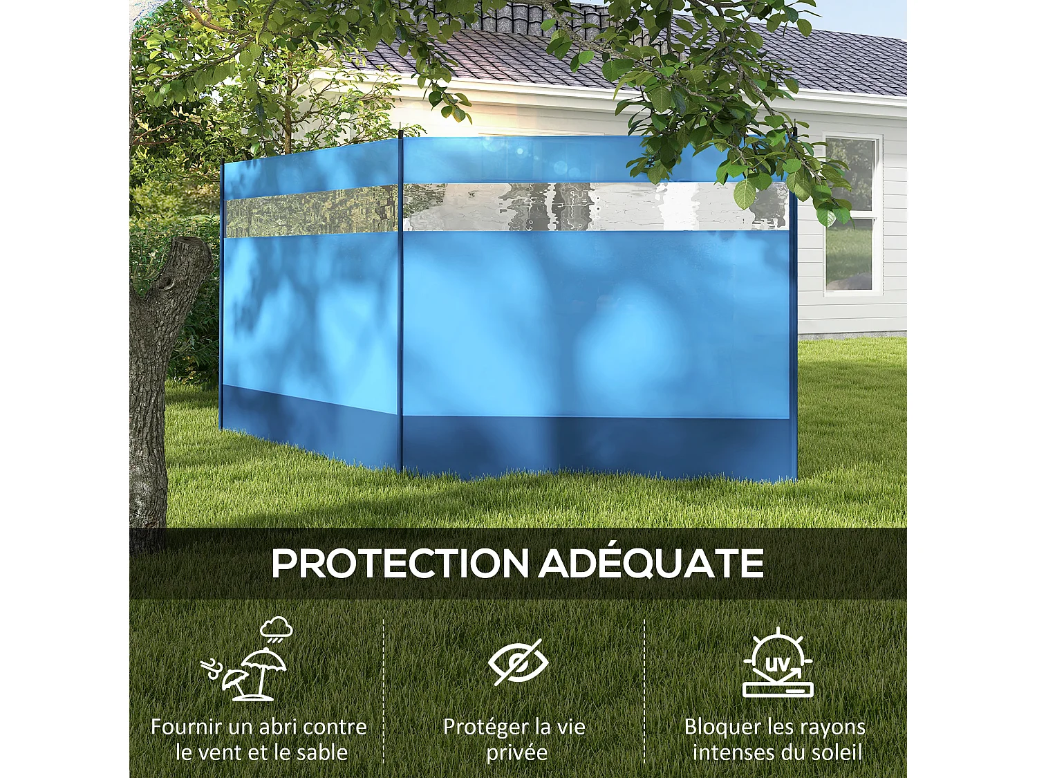 Paravent brise-vue camping plage portable pliable avec sac de transport et poteaux acier dim. 440L x 140H cm bleu