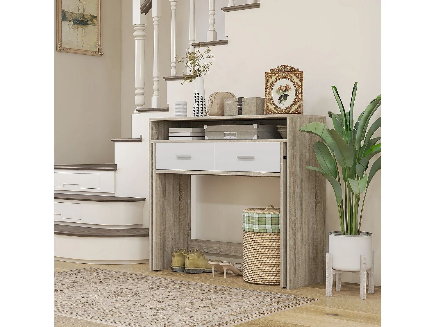 Console secrétaire 2 en 1 - plateau coulissant, 2 tiroirs - dim. 95L x 35P x 87H cm - blanc naturel