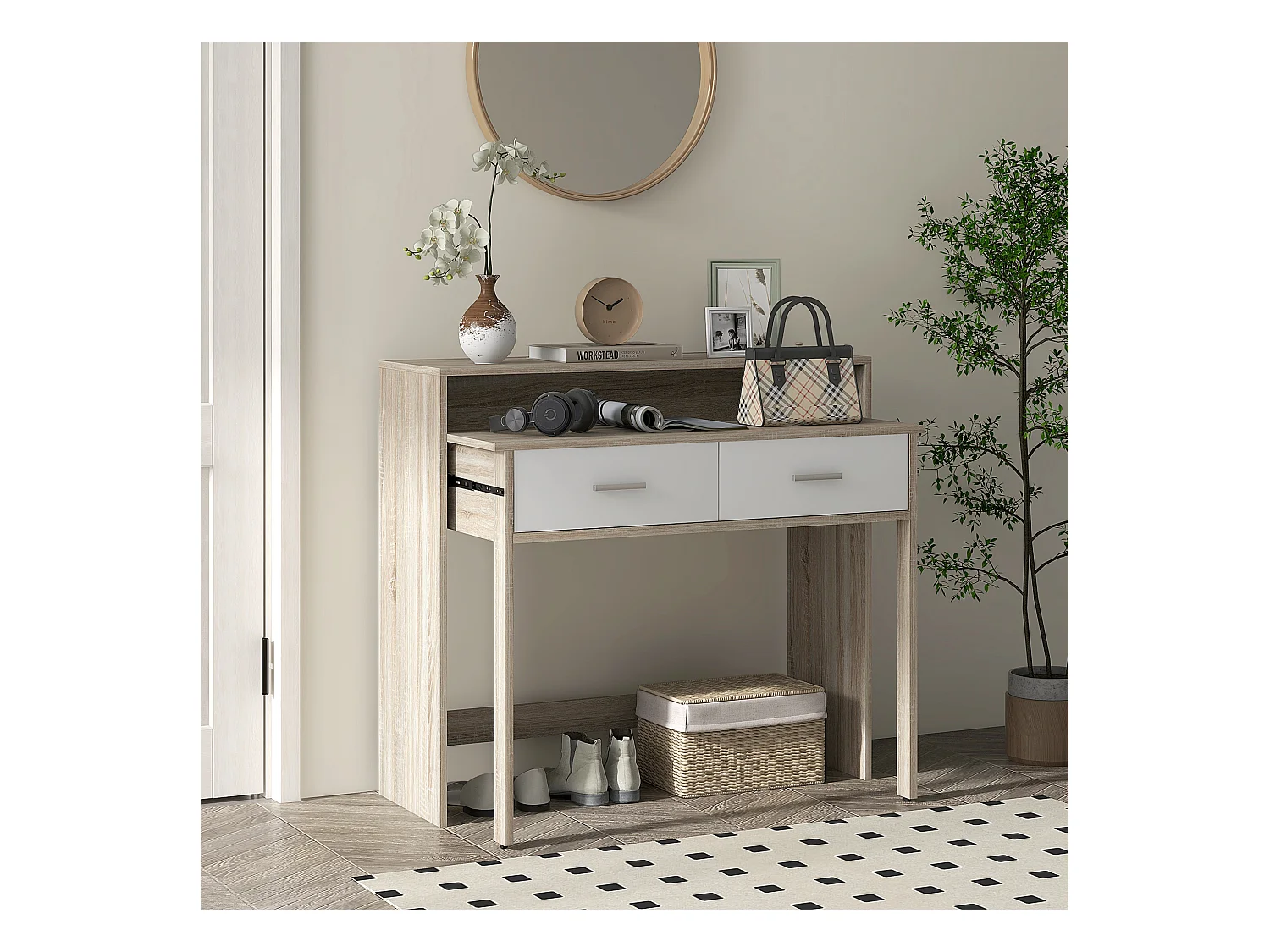 Console secrétaire 2 en 1 - plateau coulissant, 2 tiroirs - dim. 95L x 35P x 87H cm - blanc naturel