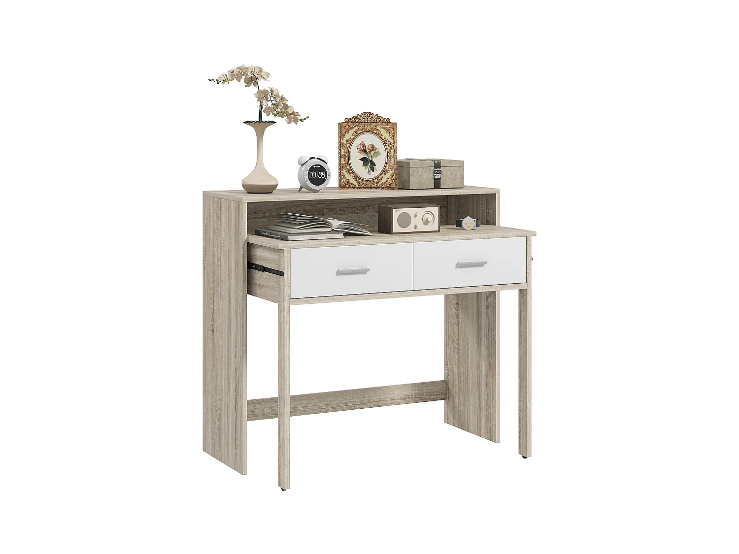 Console secrétaire 2 en 1 - plateau coulissant, 2 tiroirs - dim. 95L x 35P x 87H cm - blanc naturel