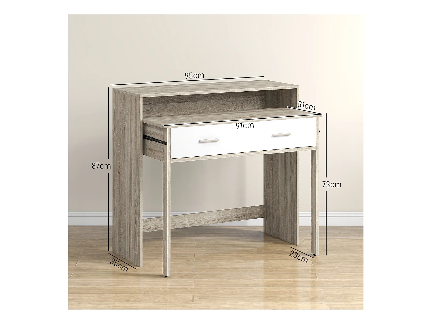 Console secrétaire 2 en 1 - plateau coulissant, 2 tiroirs - dim. 95L x 35P x 87H cm - blanc naturel