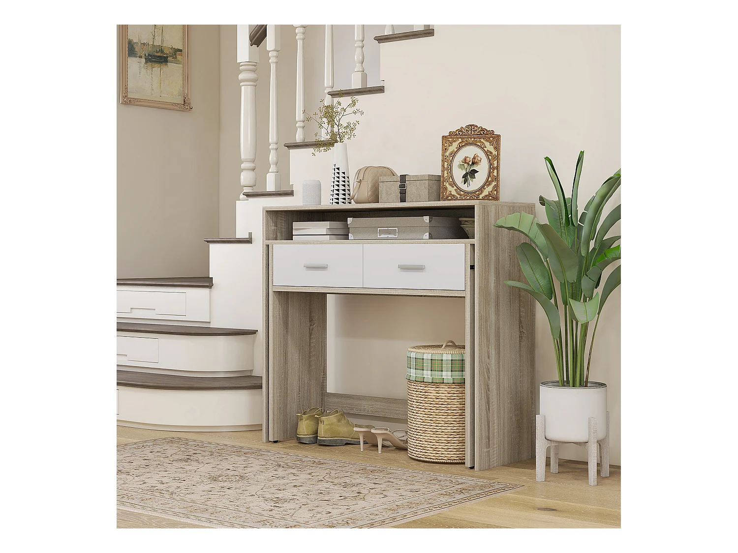 Console secrétaire 2 en 1 - plateau coulissant, 2 tiroirs - dim. 95L x 35P x 87H cm - blanc naturel
