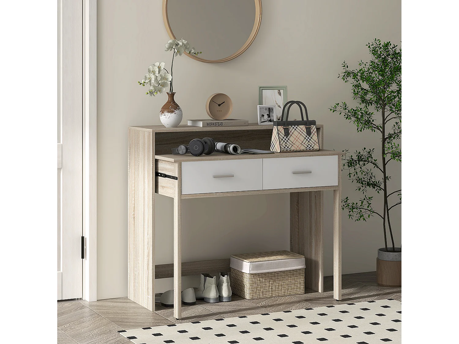 Console secrétaire 2 en 1 - plateau coulissant, 2 tiroirs - dim. 95L x 35P x 87H cm - blanc naturel