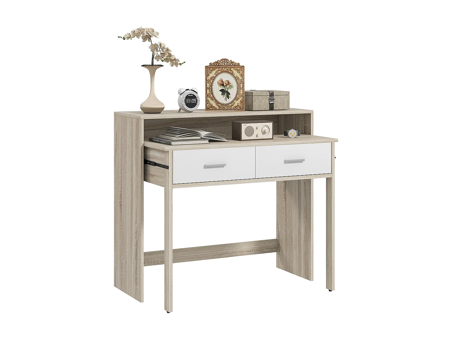 Console secrétaire 2 en 1 - plateau coulissant, 2 tiroirs - dim. 95L x 35P x 87H cm - blanc naturel