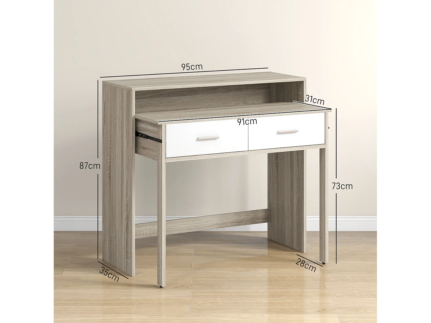 Console secrétaire 2 en 1 - plateau coulissant, 2 tiroirs - dim. 95L x 35P x 87H cm - blanc naturel