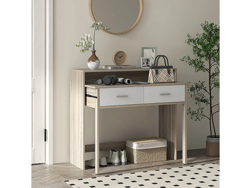 Console secrétaire 2 en 1 - plateau coulissant, 2 tiroirs - dim. 95L x 35P x 87H cm - blanc naturel