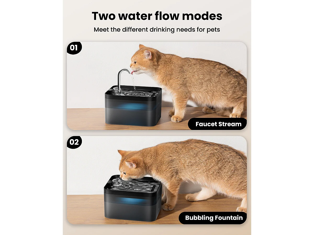 2.2L Fontaine Eau Chat,6 Pièces Filtre à Charbon+3 Pièces Éponges, Pompe Silencieuse avec Éclairage LED,Filtration Multiple,Réservoir eau Translucide