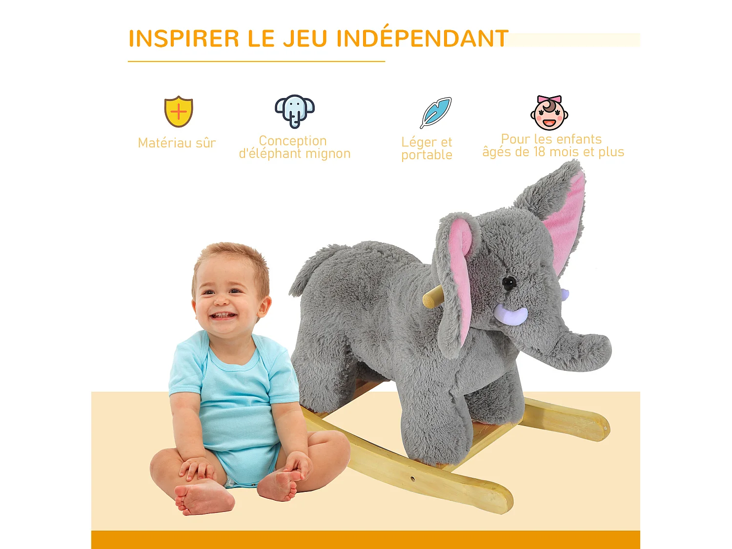 Jouet à bascule éléphant pour enfant +18 mois effet sonore poignées gris