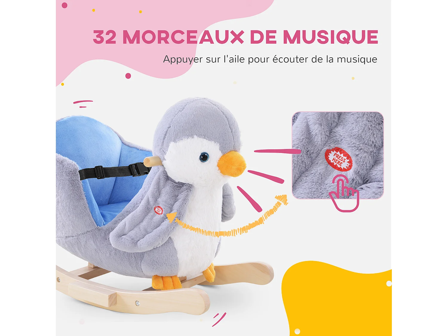 Jouet à bascule pingouin pour enfant +18 mois effet sonore poignées siège ceinture réglable gris
