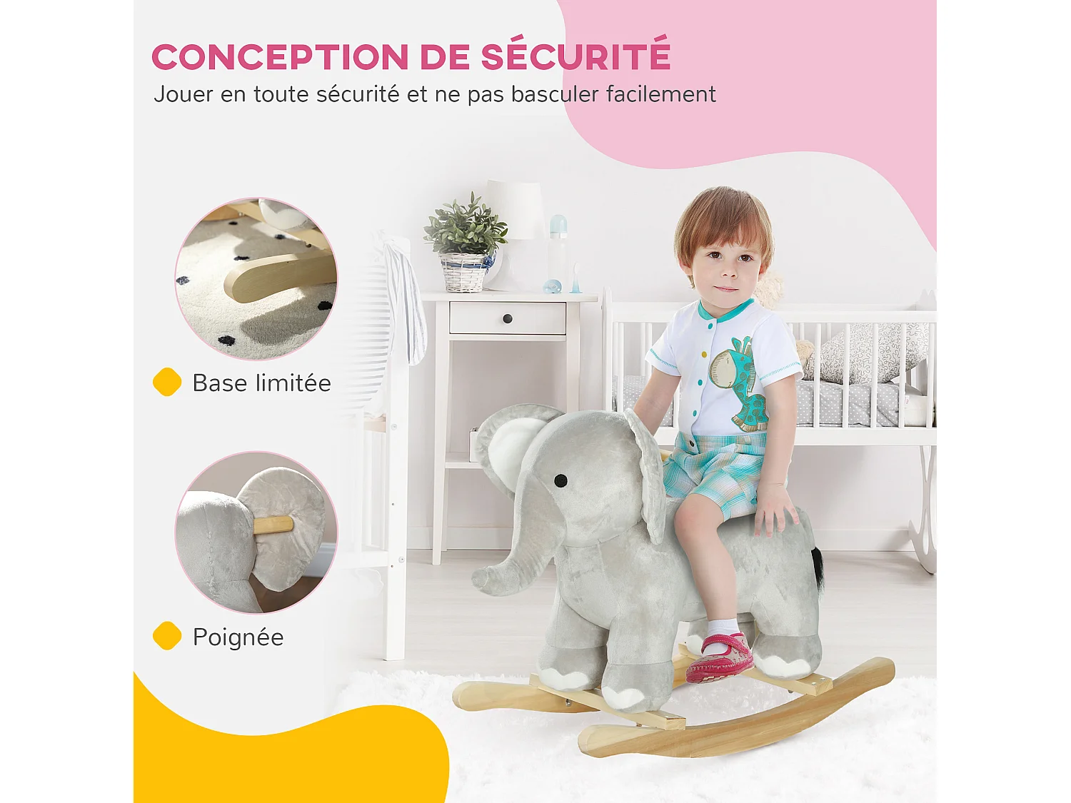 Jouet à bascule éléphant pour enfant +24 mois effet sonore poignées peluche gris