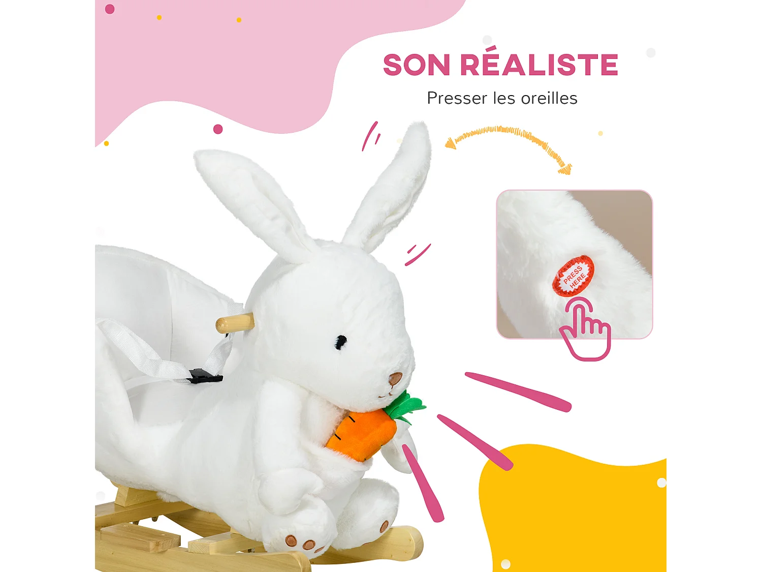 Jouet à bascule lapin siège grand confort intégré avec ceinture fonction sonore clapissement blanc