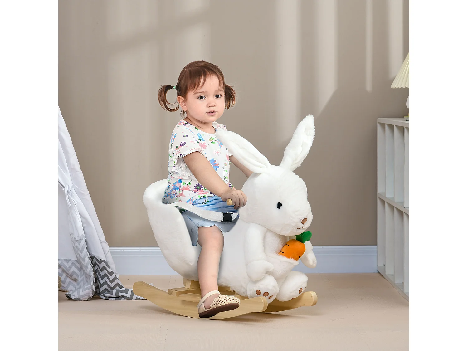 Jouet à bascule lapin siège grand confort intégré avec ceinture fonction sonore clapissement blanc