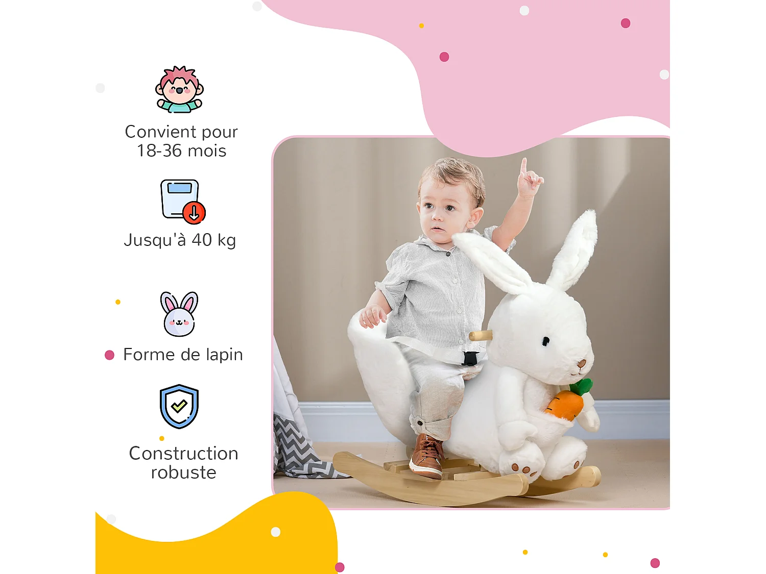 Jouet à bascule lapin siège grand confort intégré avec ceinture fonction sonore clapissement blanc