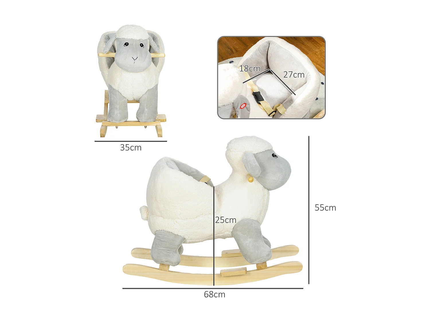 Jouet à bascule agneau pour enfant +12 mois effet sonore poignées repose-pieds siège ceinture réglable crème gris