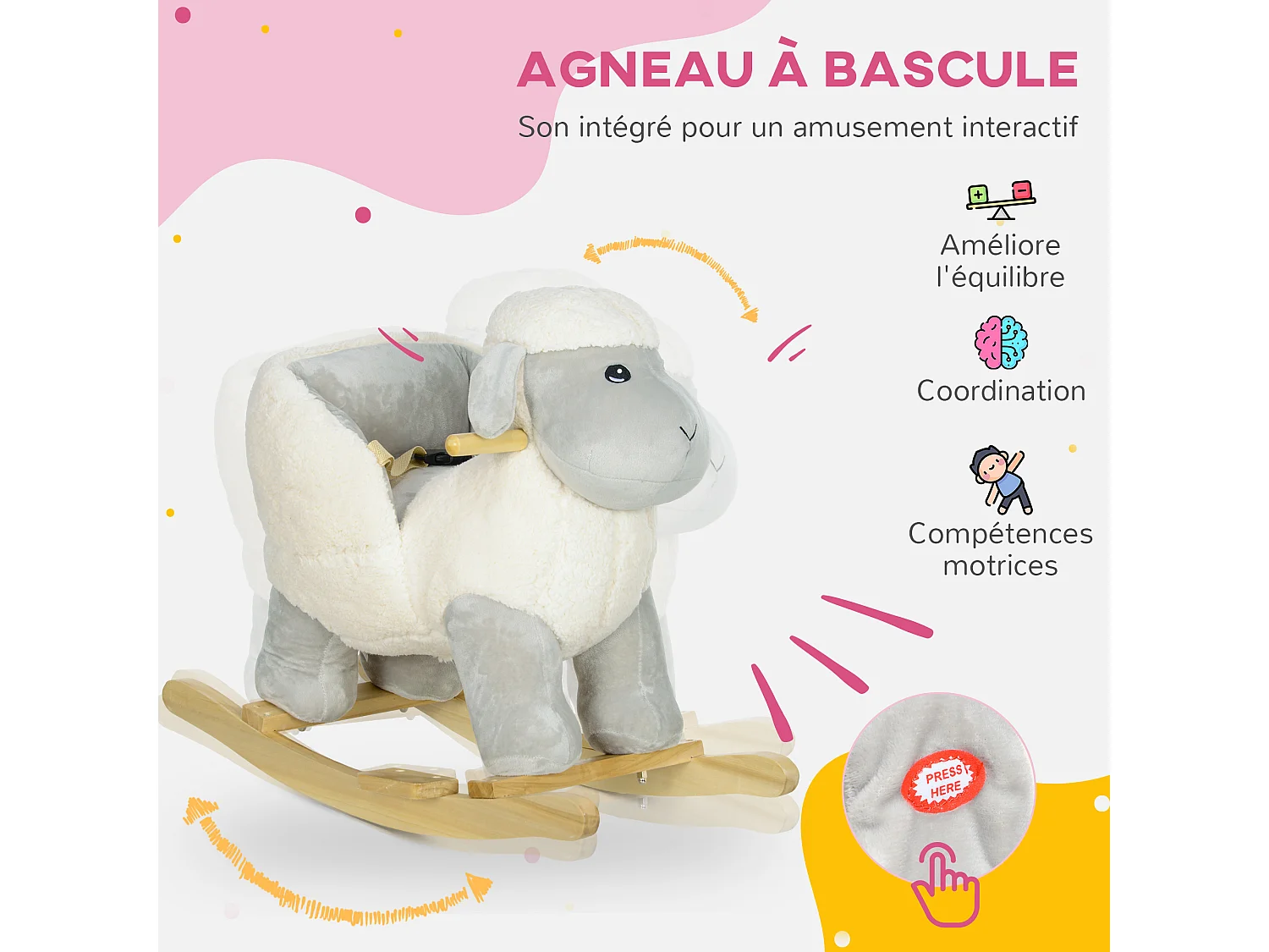 Jouet à bascule agneau pour enfant +12 mois effet sonore poignées repose-pieds siège ceinture réglable crème gris