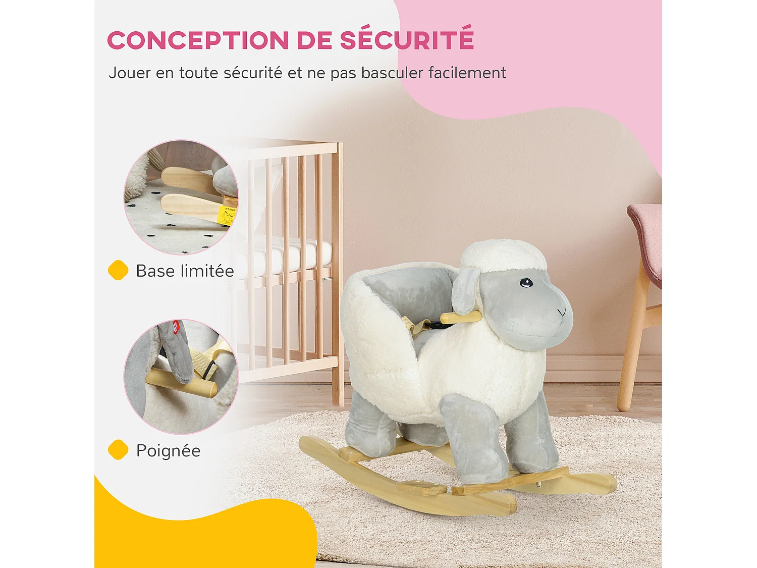 Jouet à bascule agneau pour enfant +12 mois effet sonore poignées repose-pieds siège ceinture réglable crème gris