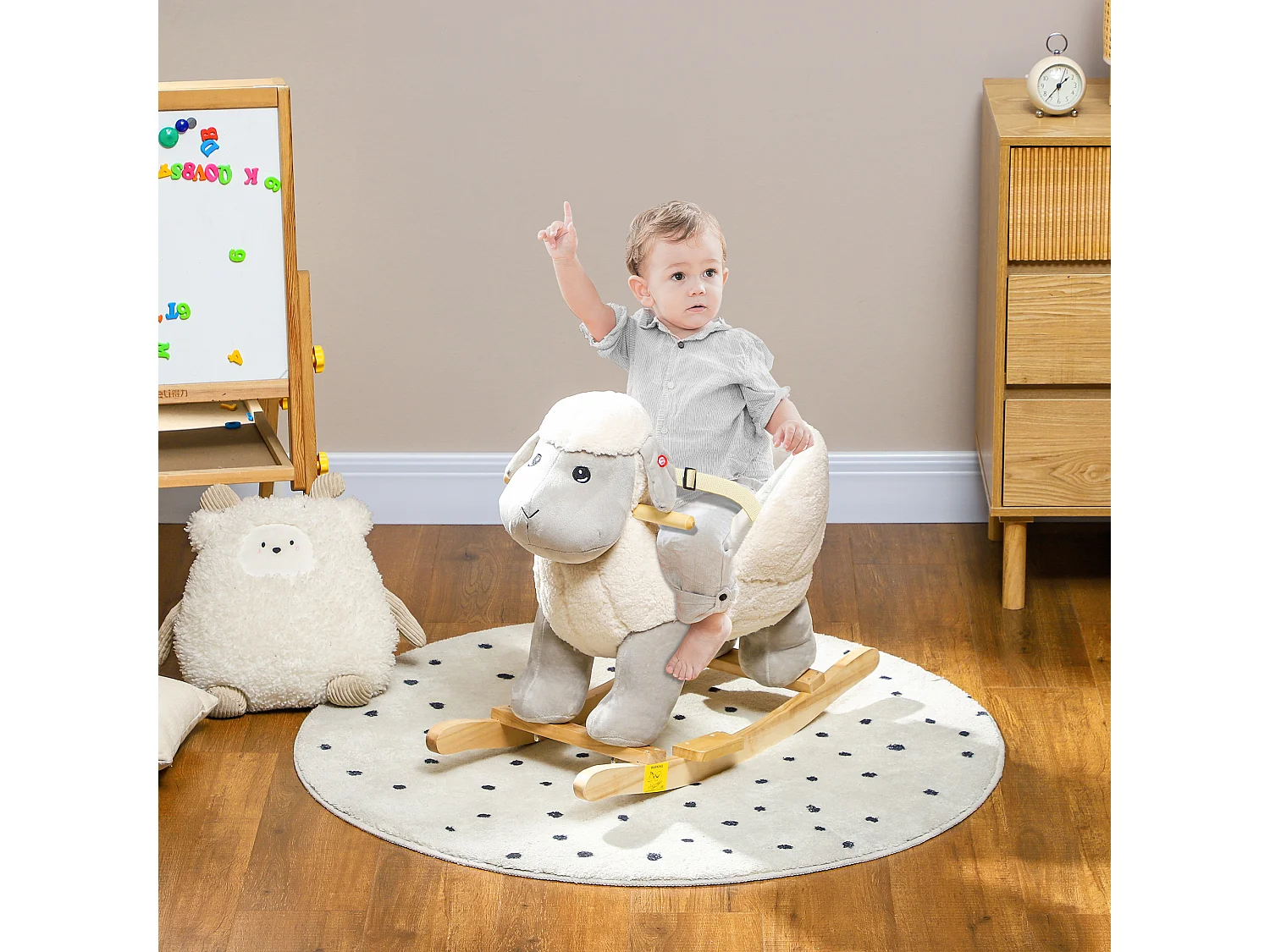 Jouet à bascule agneau pour enfant +12 mois effet sonore poignées repose-pieds siège ceinture réglable crème gris