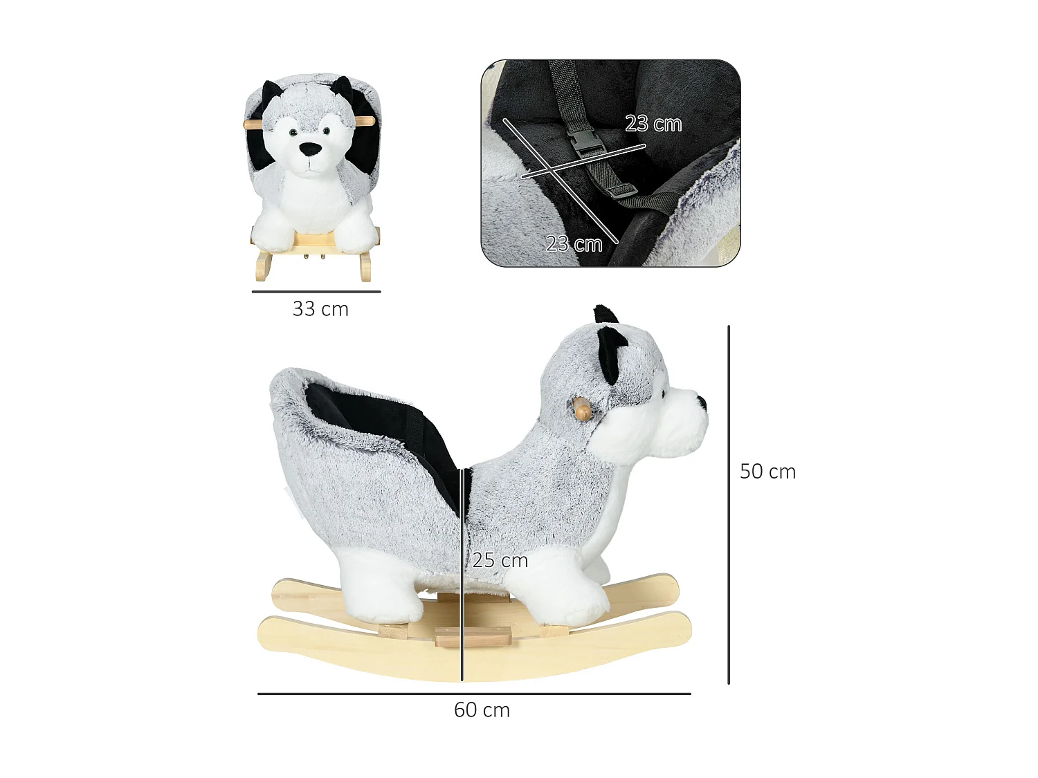 Jouet à bascule Husky pour enfant +18 mois effet sonore poignées siège ceinture réglable gris clair