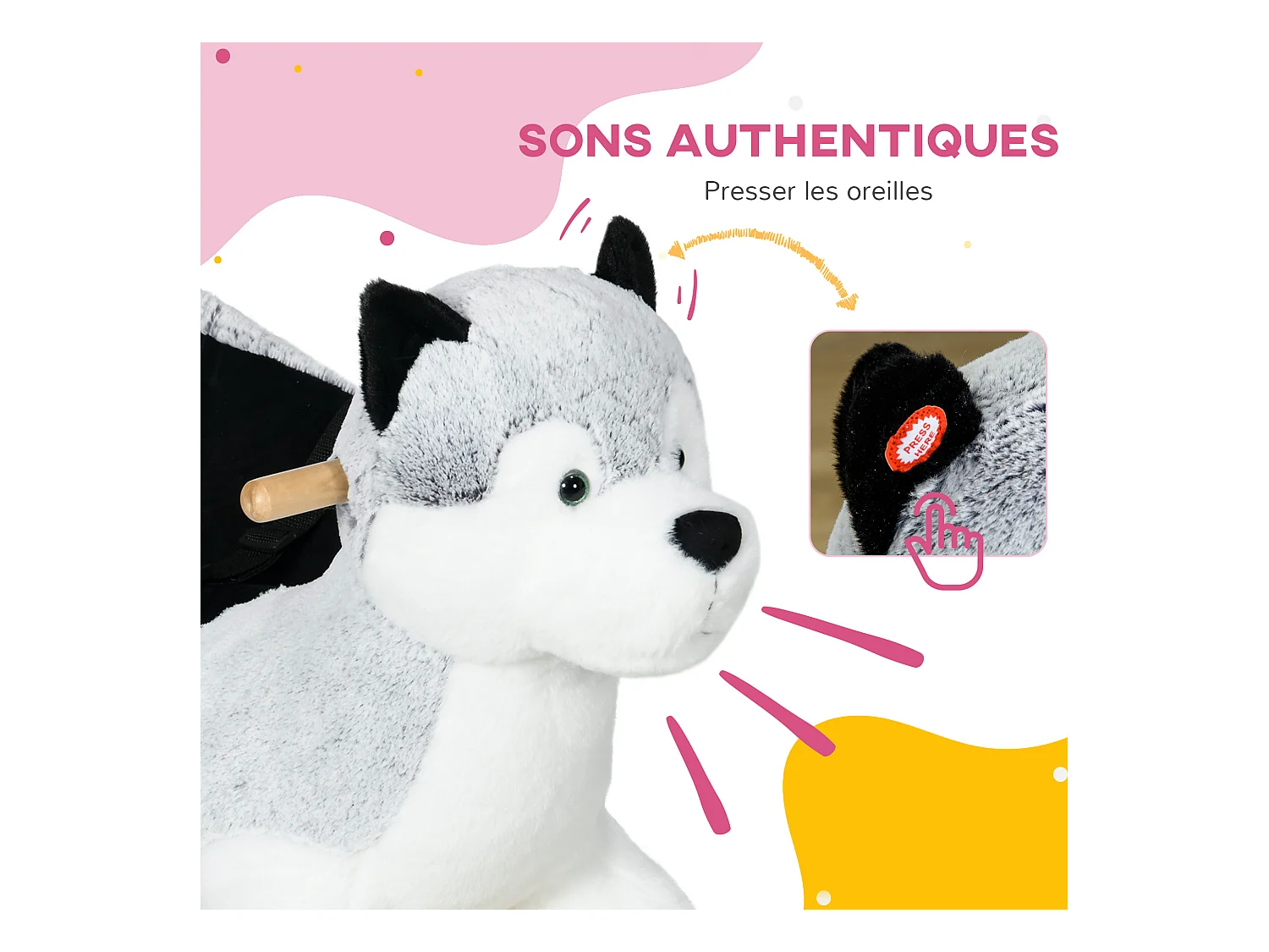 Jouet à bascule Husky pour enfant +18 mois effet sonore poignées siège ceinture réglable gris clair