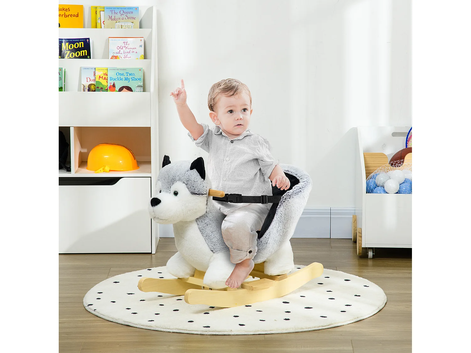 Jouet à bascule Husky pour enfant +18 mois effet sonore poignées siège ceinture réglable gris clair