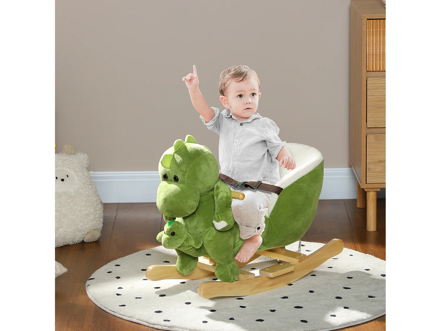 Jouet à bascule dinosaure pour enfant +18 mois 32 musiques peluche bébé dino inclus vert