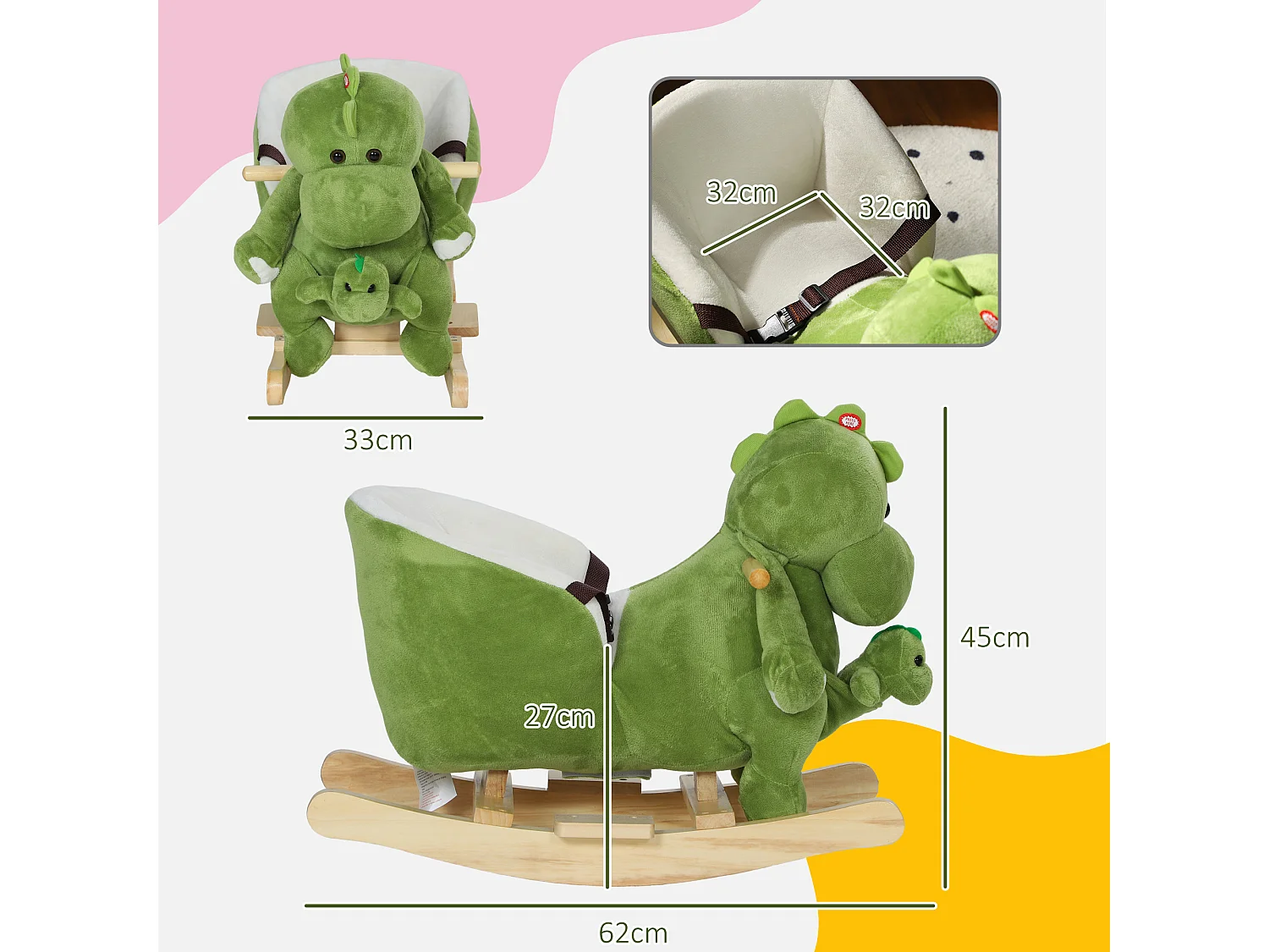 Jouet à bascule dinosaure pour enfant +18 mois 32 musiques peluche bébé dino inclus vert