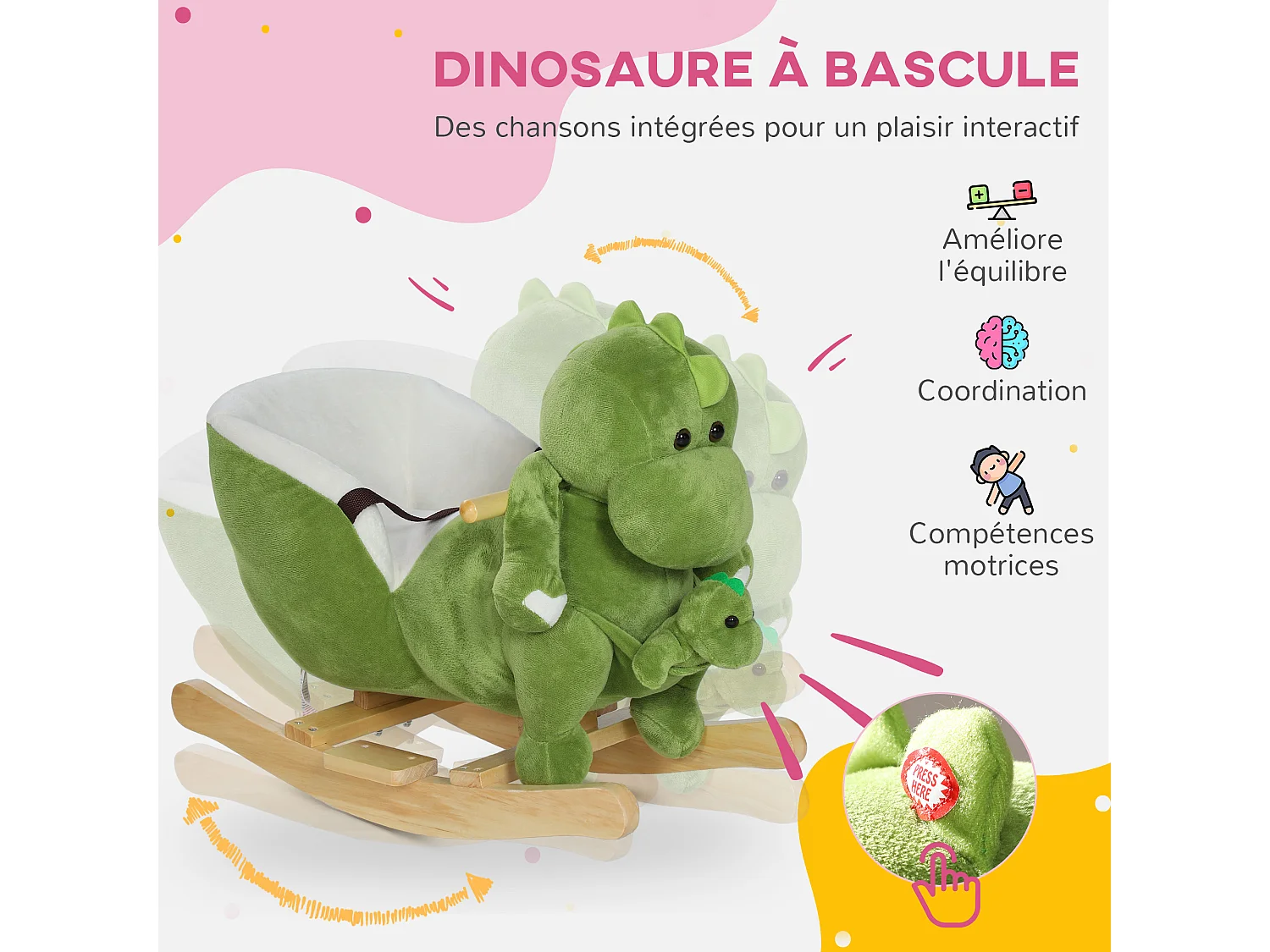 Jouet à bascule dinosaure pour enfant +18 mois 32 musiques peluche bébé dino inclus vert