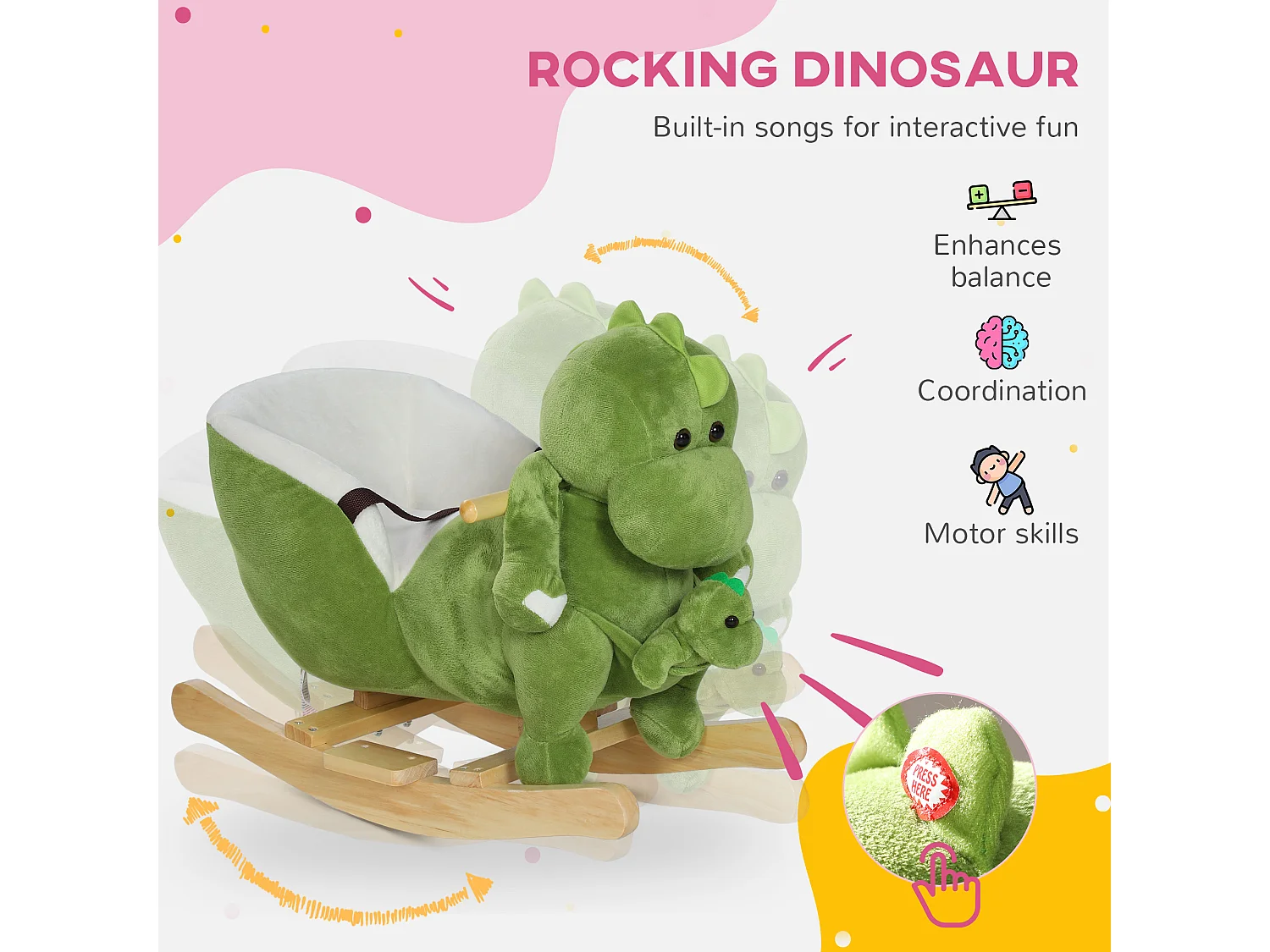 Jouet à bascule dinosaure pour enfant +18 mois 32 musiques peluche bébé dino inclus vert